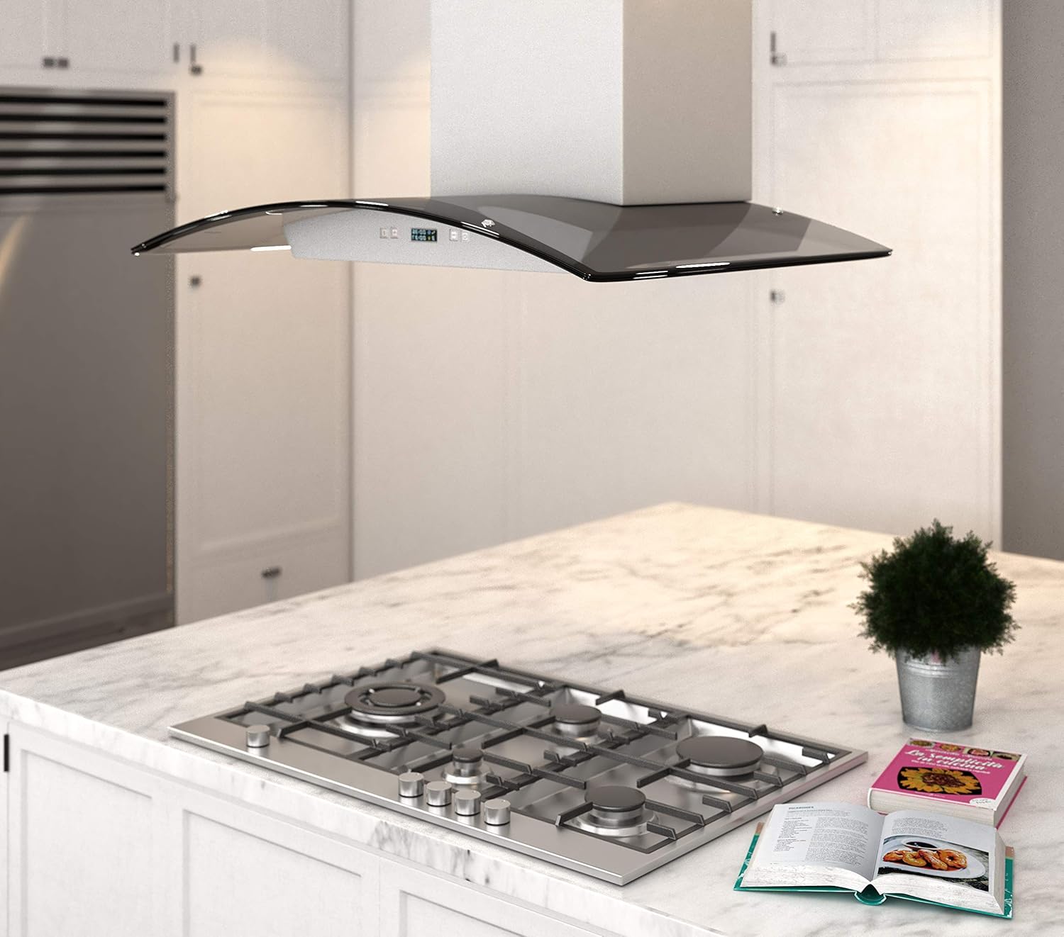 CAVALIERE 36 Inch Glass Canopy Island Mounted Stainless Steel Kitchen Range Hood