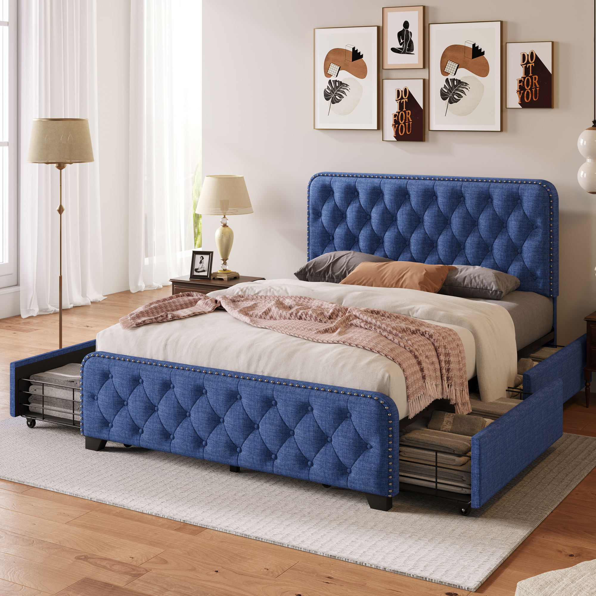 Upholstered Platform Bed Frame with Four Drawers, Button Tufted Headboard and Footboard Sturdy Metal Support, No Box Spring Required, Blue