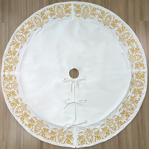 72-Inch Victorian Velvet Christmas Tree Skirt with Gold Damask Embroidery and Plush Lace Ties, Burgundy