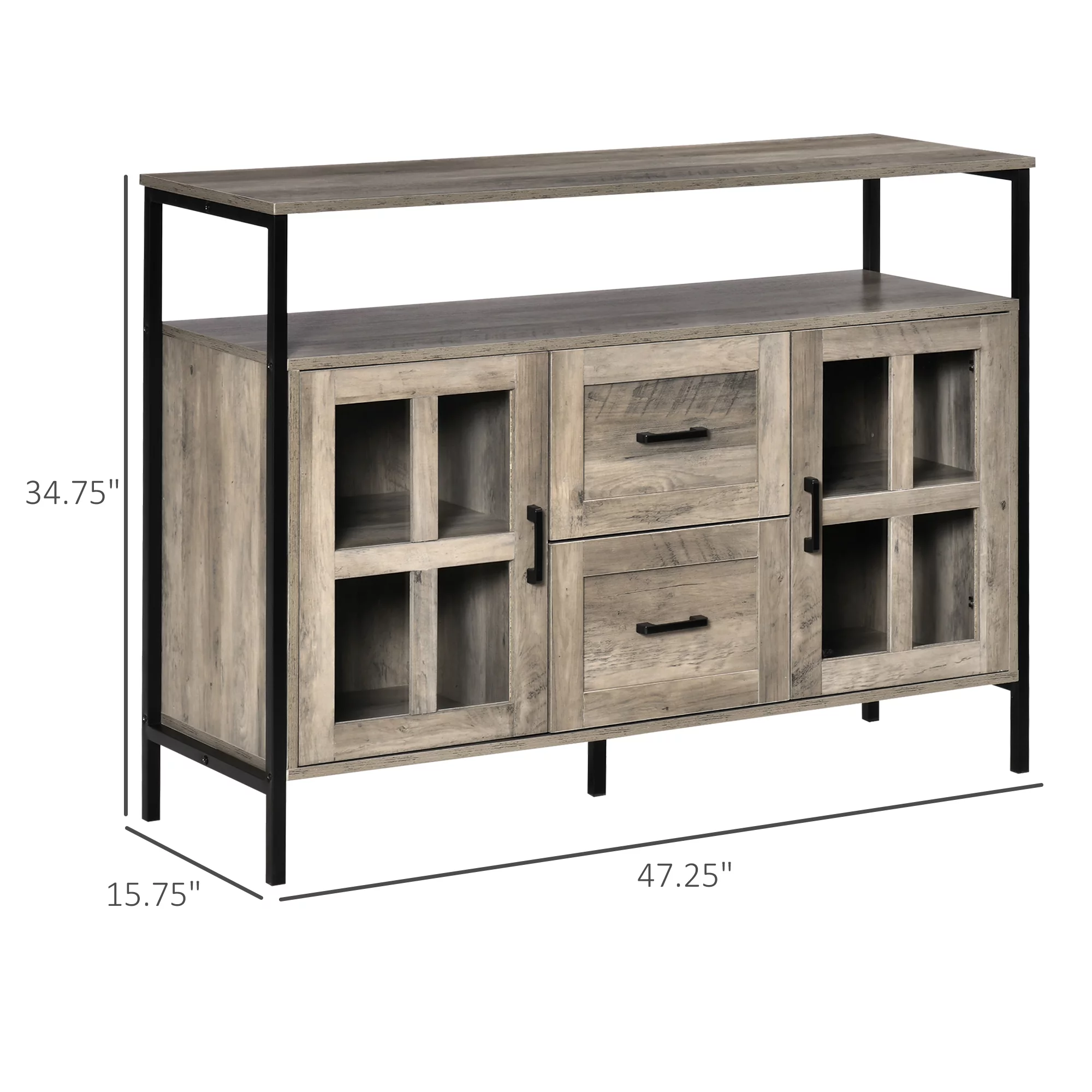 HOMCOM Industrial Sideboard Buffet Cabinet, Kitchen Cabinet, Coffee Bar Cabinet with Adjustable Shelves, Glass Doors, and 2 Drawers for Living Room