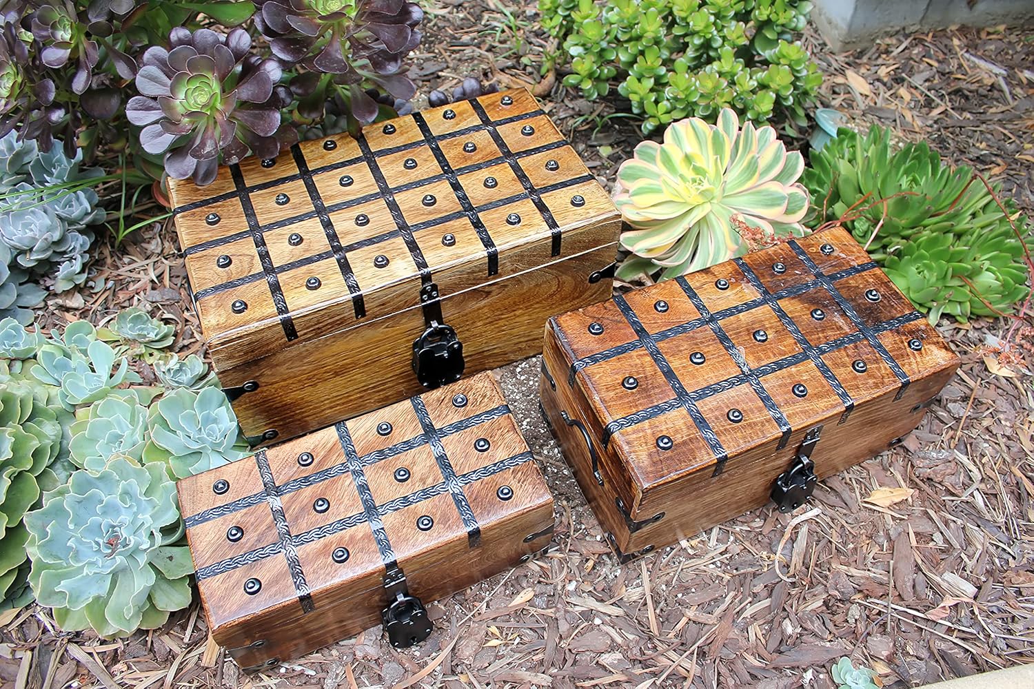 Nautical Cove Treasure Chest Wooden Box with Antique Iron Lock and Skeleton Key - Storage and Decor (Medium 12.25 x 6 x 5.5)