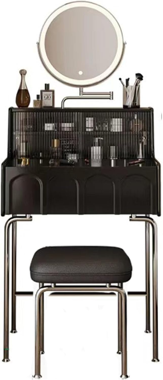 Small Vanity Desk Set with 3 Adjustable Lighted Mirror and Storage Shelf Black Tiny Vanity Table with Drawer for Bedroom Vanity Compact Dressing
