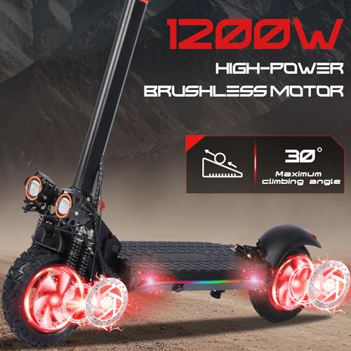 Electric Scooter for Adults - 37 Mile Range, 34MPH Top Speed, 1200W Motor,11" Off-Road Tires, 48V18AH, Foldable E-Scooter with Seat & LED Lights