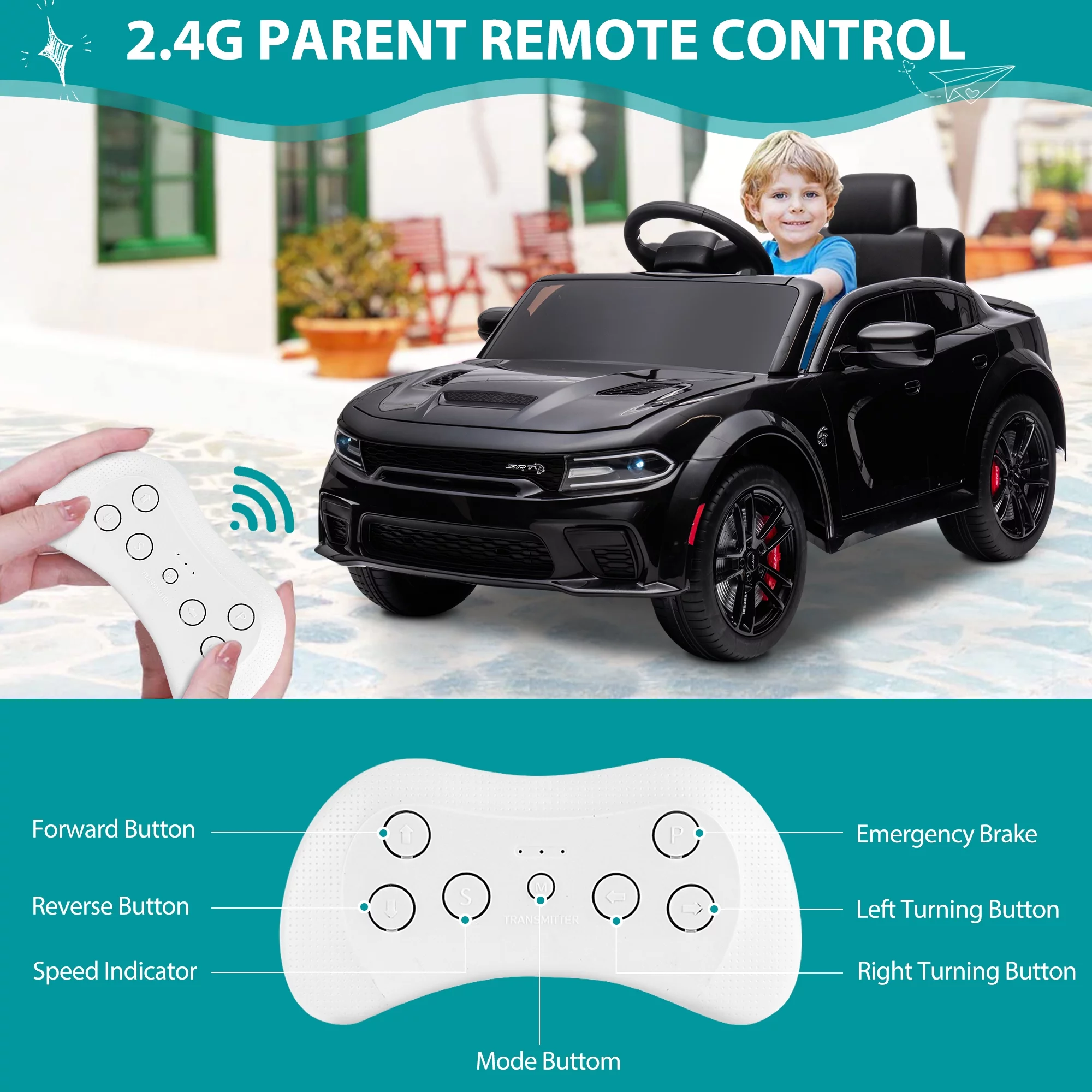 iRerts 12V Black Dodge Charger Ride On Cars with Remote Control, Kids Ride on Toys with Bluetooth, Music, LED Light, USB, MP3, 4 Wheel Suspension