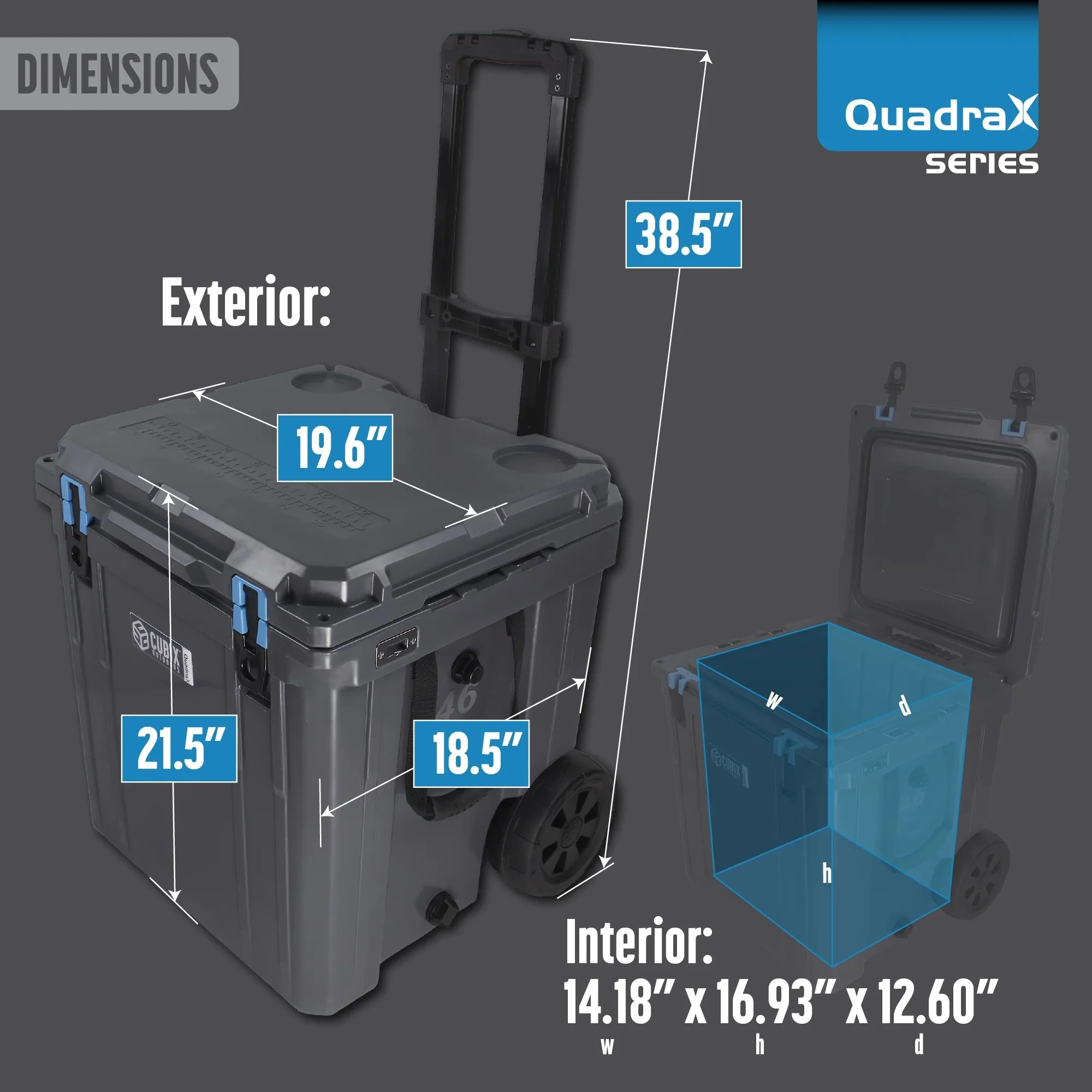 Cubix Outdoors 46QT QuadraX Wheeled Rotomolded Portable Hard Cooler, Fits 26 Cans, Abyss Blue - Radiant Selections