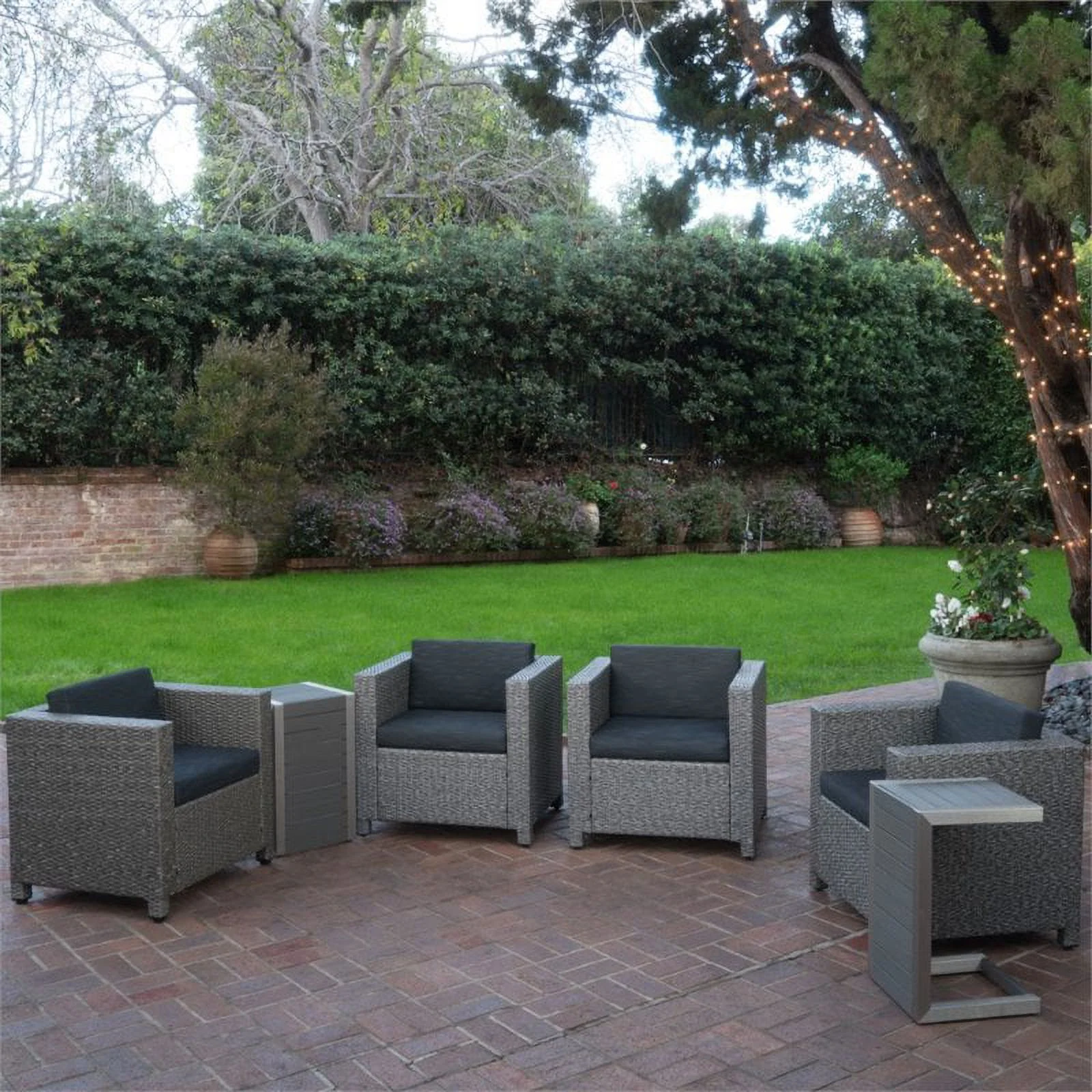 Noble House Puerta 6 Piece Outdoor Wicker Chair and Blended Wood Table Set