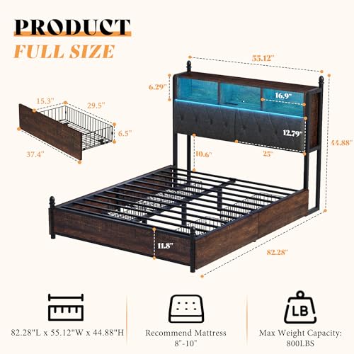 AMERLIFE Full Size Bed Frame with Bookcase Headboard, 4 Storage Drawers, Wooden Platform Bed with Charging Station & LED Light, No Box Spring Needed
