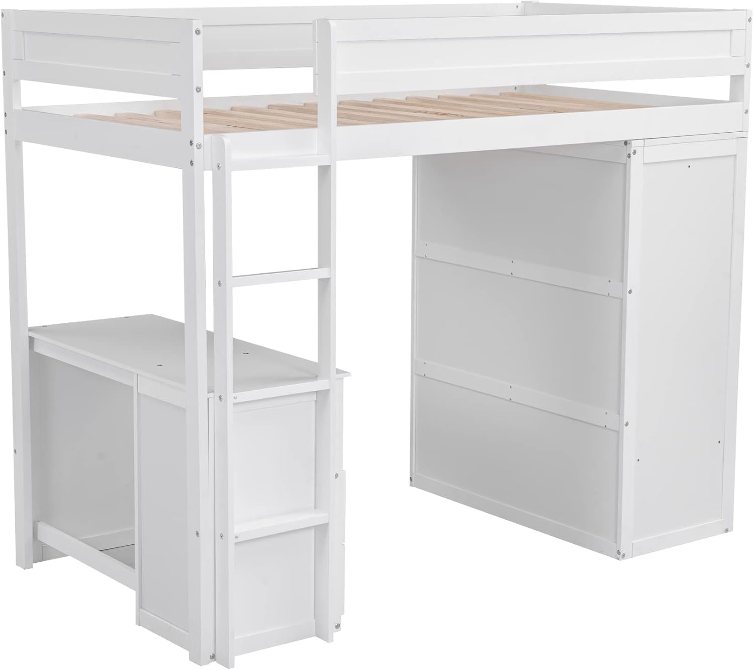 Modern Twin Loft Bed with Desk and Wardrobe, Wooden Twin Size Loft Bed with Storage Drawers for Girls Boys Teens,No Box Spring Needed, White