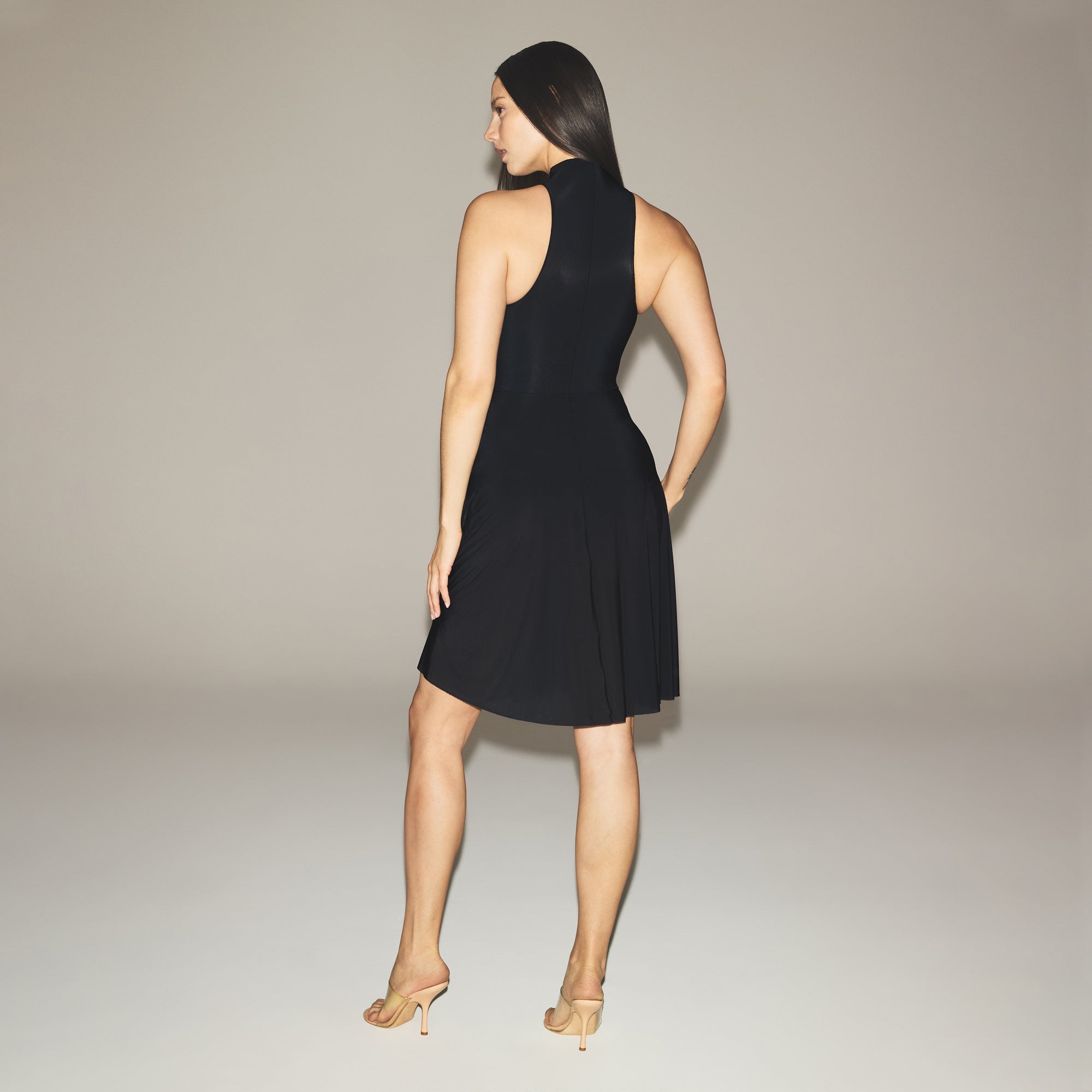 MILKY SHEER HIGH NECK MIDI DRESS | OBSIDIAN
