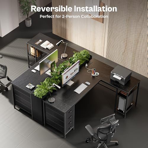 Huuger 63 Inch L Shaped Desk with Fabric Drawers, Reversible Computer Gaming Desk with Power Outlets and USB-C Port, Adjustable Side Storage Shelves