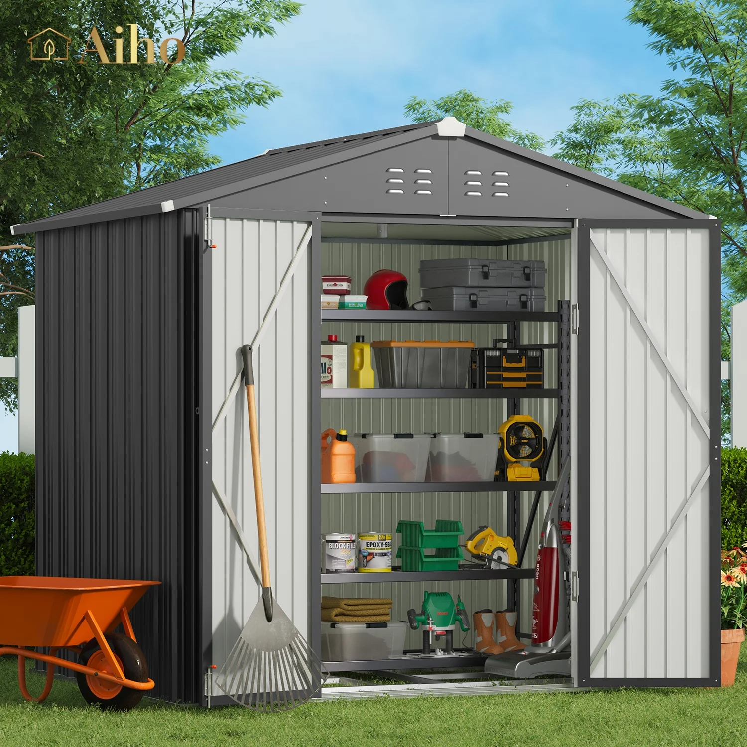 Aiho 8' x 6' Shed, Outdoor Storage Shed with Metal Base Frame & Air Vent & Lockable Doors for Garden and Backyard - Gray - Curated Treasures Market