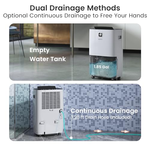 Yaufey 2500 Sq. Ft Home Dehumidifier for Medium to Large Rooms and Basements with Auto or Manual Drainage, 0.48 Gallon Water Tank Capacity