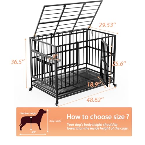 LOVMOR 48" Heavy-Duty Dog Crate with Wheels, Air-Lift Top, Dual 360° Adjustable Bowls – Ideal for Large Dogs