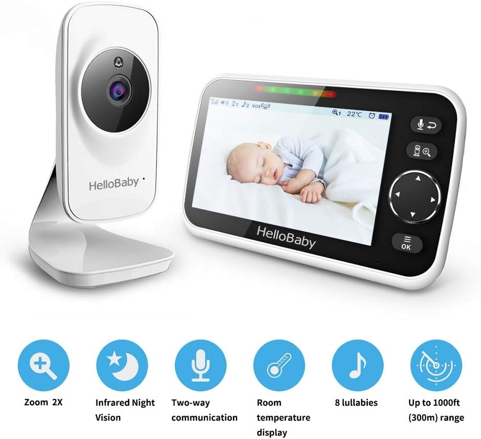 Video Baby Monitor with Camera and Audio, 5 Color LCD Screen, HelloBaby Monitor Camera, Infrared Night Vision, Temperature Display, Lullaby