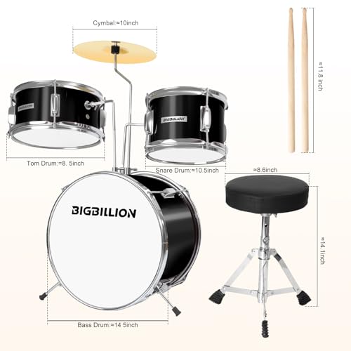 Drum Set for Kids, 3-Piece 14'' Beginner Kids Drum Kit Junior Drum Set with Bass Tom Snare Drum with Adjustable Throne, Cymbal, Pedal