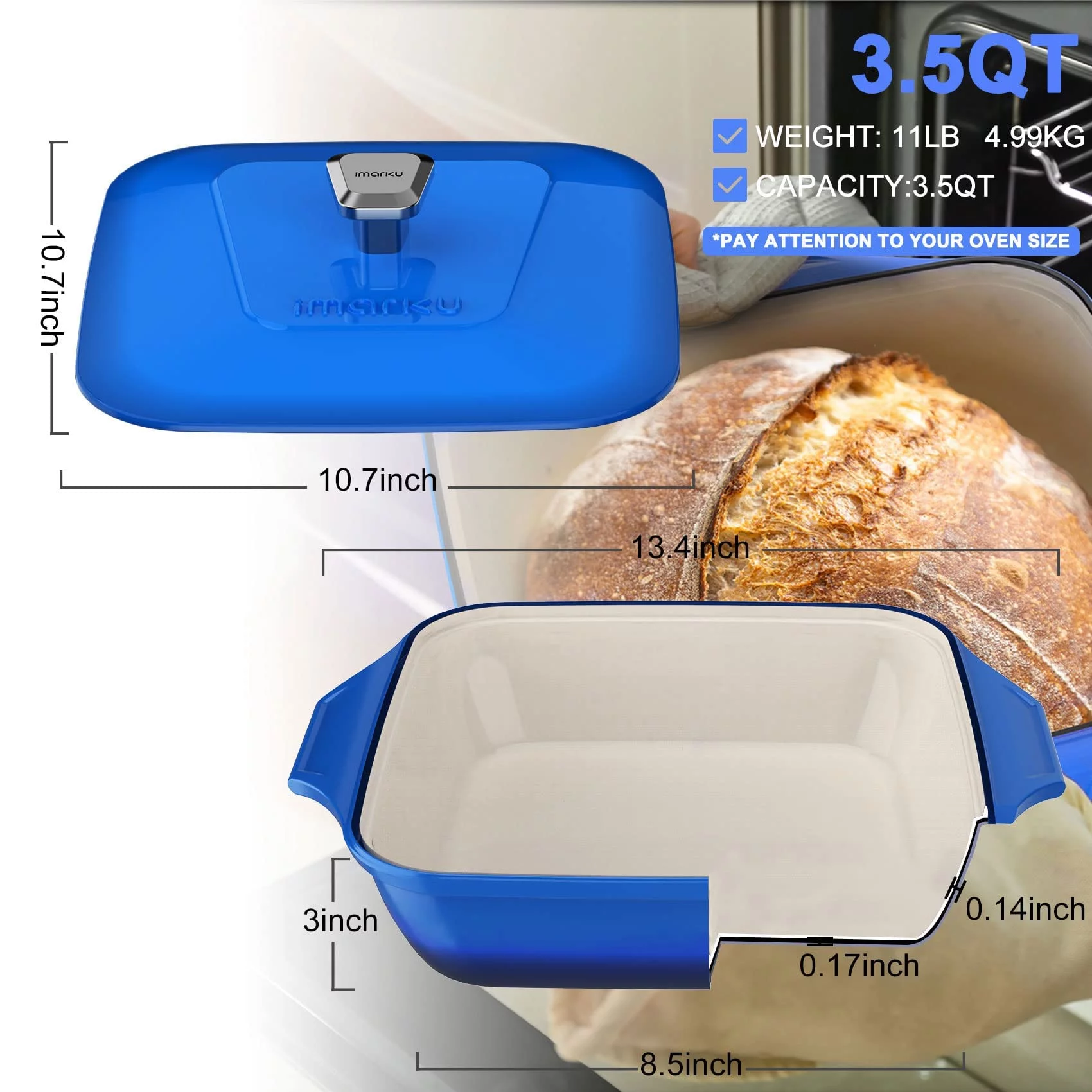 imarku | 3.5-Quart Dutch Oven Braiser Pan Nonstick Enameled Cast Iron with Lid Oven Safe - Blue