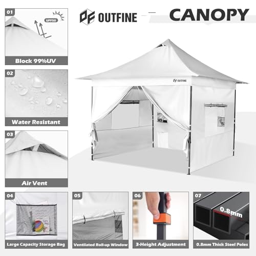 OUTFINE Heavy Duty Canopy 10x10 Pop Up Commercial Canopy Tent with 3 Side Walls Instant Shade, Bonus Upgrade Roller Bag, 4 Weight Bags