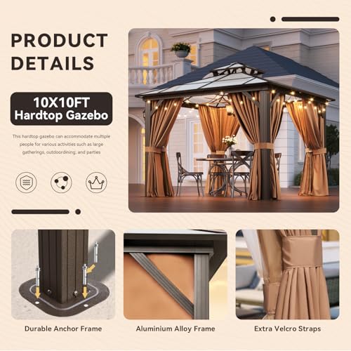 Aoxun 12'x16' Hardtop Gazebo, Aluminum Frame Permanent Pavilion with Netting and Curtains, Outdoor Polycarbonate Double Roof Canopy