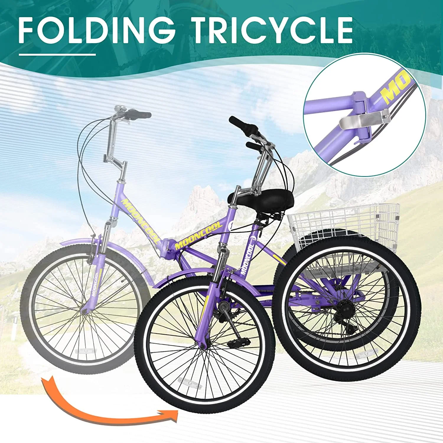 MOONCOOL Adult Folding Tricycle for Adults, 7 Speed 20/24/26 inch 3 Wheels Bikes with Basket, Foldable Tricycle for Adults, Women, Men, Seniors