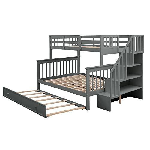 Ball & Cast Full Over Full Bunk Bed with Twin Size Trundle and Built in 4 Drawer,Wood Bunkbed w/Storage Ladder & Slat Support