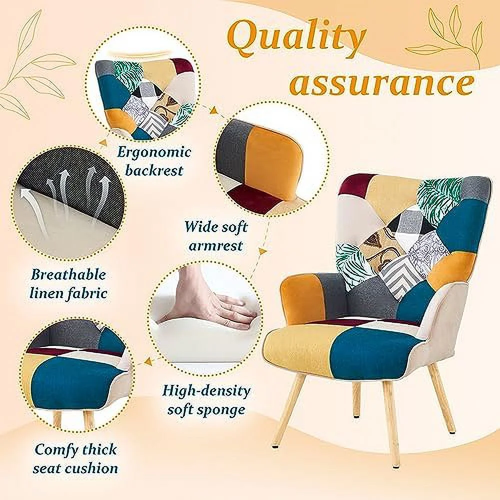 HOOMHIBIU Accent Chair  Living Room Chair  Modern High Back Armchair  Colorful Patchwork Reading Chairs for Bedroom  Lounge Chair with Linen Fabric