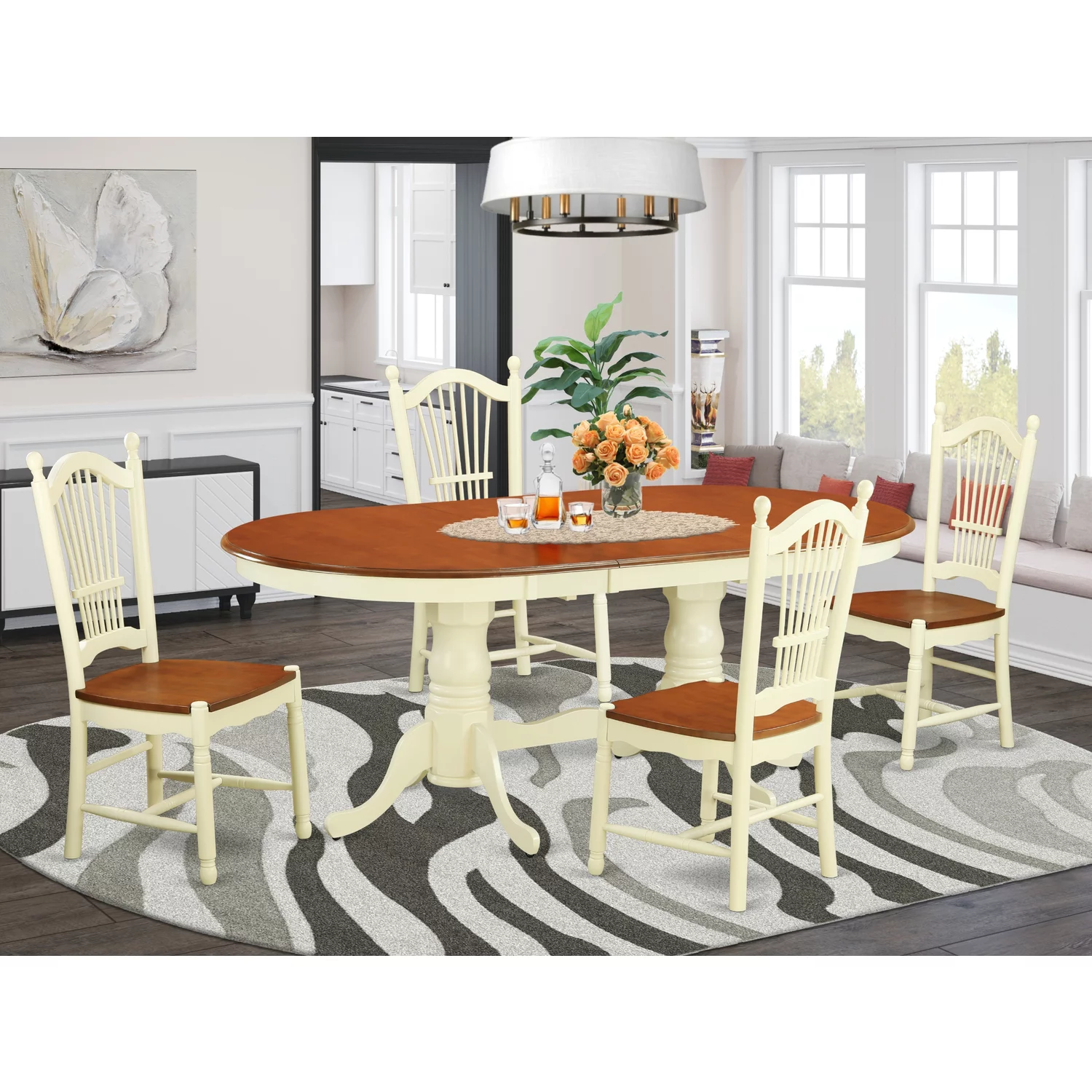 Table And Chairs Set -Kitchen Dinette Table And Dining Chairs-Finish:Buttermilk & Cherry,Number of Items:5,Shape:Oval,Style:Wood Seat
