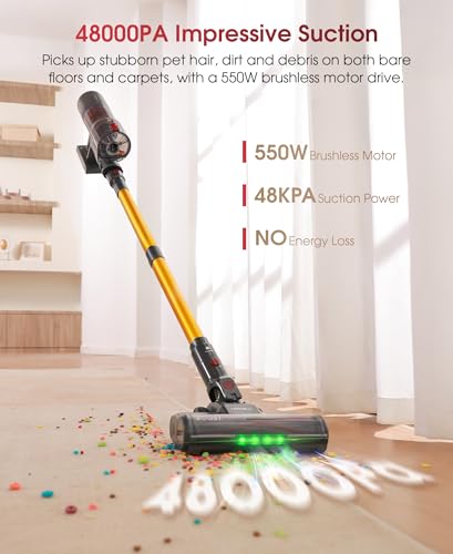 UNINELL HOME Cordless Vacuum Cleaner, 48000Pa 550W 65Mins Vacuum Cleaners for Home,LED Touch Display, Anti-Tangle Stick Vacuum Self-Standing
