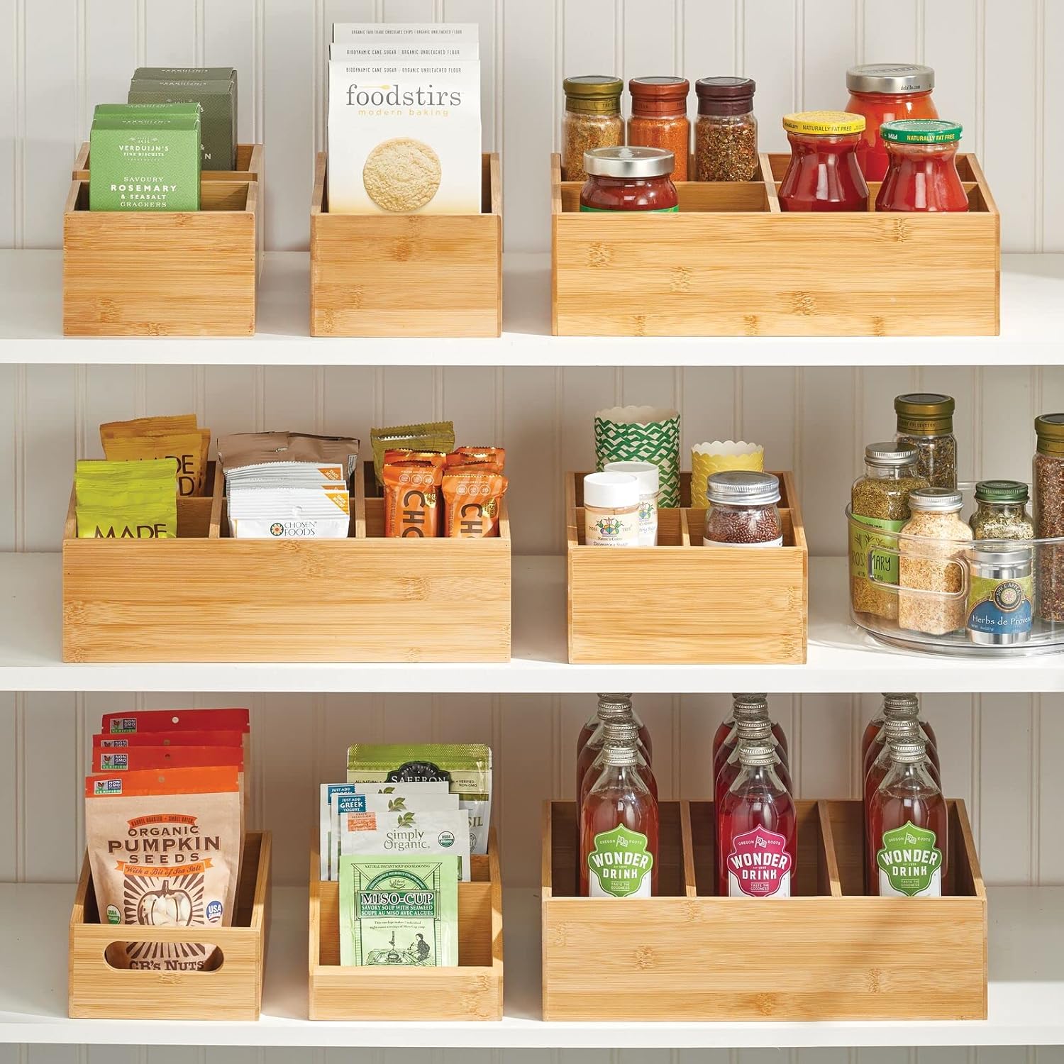 mDesign Bamboo Kitchen Cabinet Pantry Organizer Bin - 4 Divided Sections - Eco-Friendly, Multipurpose - Use in Drawers, on Countertops
