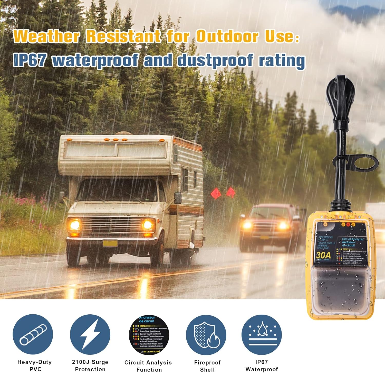M1A2 New Generation RV Surge Protector 30 Amp with Waterproof Cover Camper Anti-Theft Circuit Analyzer Tester Plug with UL Tested