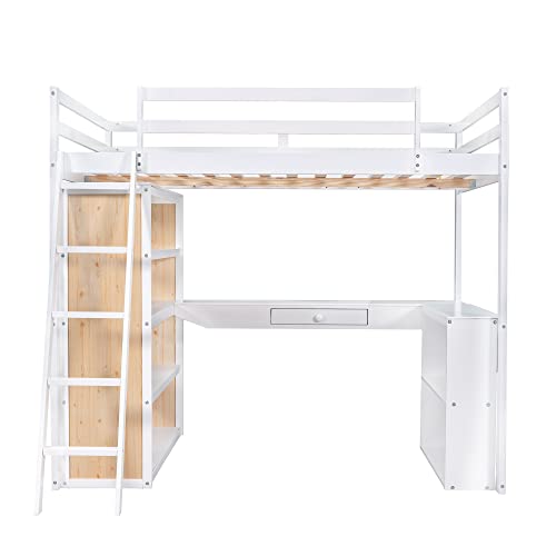 Twin Loft Bed with Staircase, Desk and Wardrobe, Wood Loft Bed with Storage Shelves and Safety Guardrail