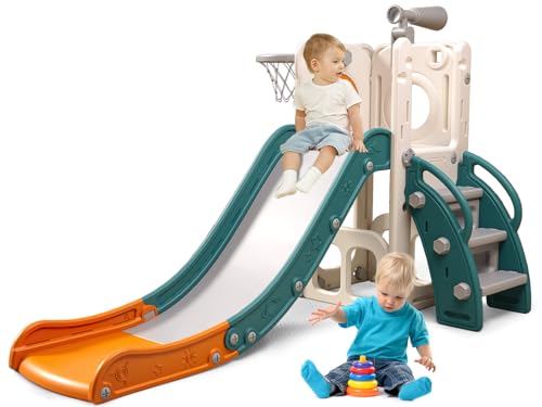 6 in 1 Toddler Playset with Slide, Kids Slide with Basketball Hoop, Ball, Ring Toss, Indoor Outdoor Toys (White Grey)