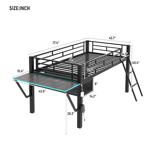 Gaming Bed with Desk,Wardrobe,Ample Storage Space,and RGB LED Light, Full Size Wood Loft Bed for Kids Bedroom (Cloud Blue/K)