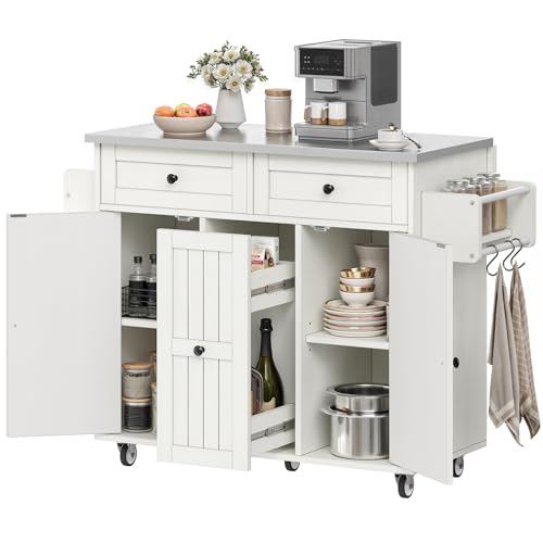 DWVO Kitchen Island on Wheels, Mobile Kitchen Island Cart with Folding Drop Leaf Breakfast Bar, Island Table for Kitchen with Large Storage Cabinets