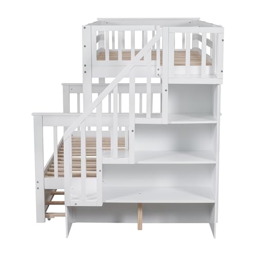 Ball & Cast Full Over Full Bunk Bed with Twin Size Trundle and Built in 4 Drawer,Wood Bunkbed w/Storage Ladder & Slat Support