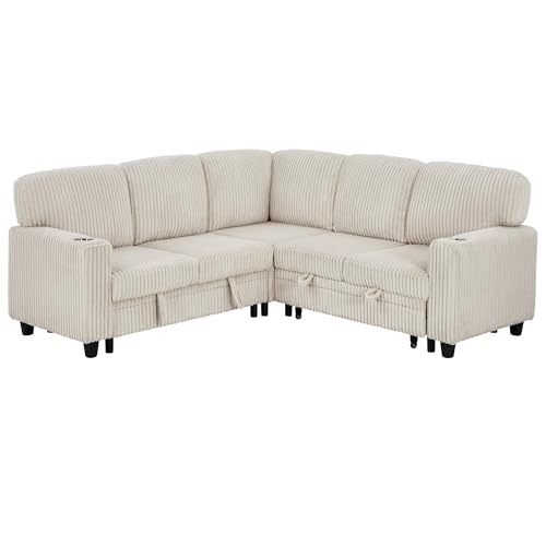 L-Shaped Pull Out Sleep Sofabed,Modern Reversible Sleeper Sectional Sofa Chenille Upholstered Button Tufted Decor with Storage Chaise
