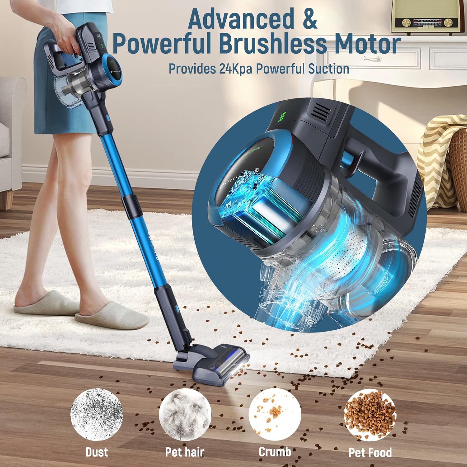 FABULETTA 24 Kpa Cordless Vacuum Cleaner - 6 in 1 Lightweight Stick Vacuum with Powerful Suction 250W Brushless Motor, for Pet Hair Carpet Hard Floor