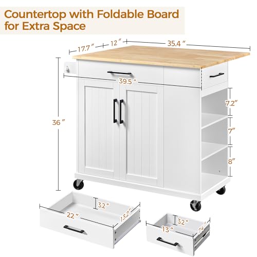 Yaheetech Rolling Kitchen Island Cart with Drop Leaf, Portable Rubberwood Breakfast Bar with Storage Cabinet, Open Shelves & Detachable Towel