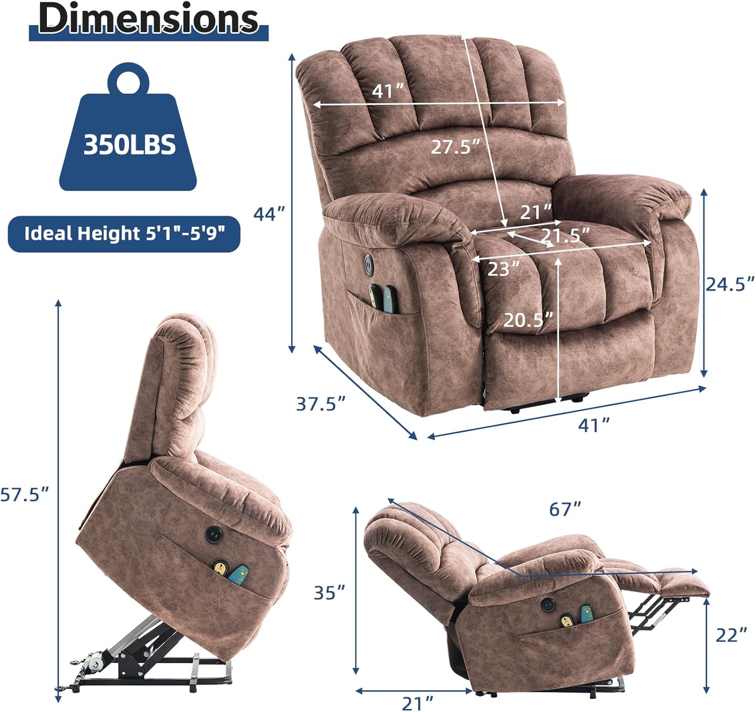 Large Electric Power Lift Recliner Chair for Elderly Big People, Heated Massage Motorized Reclining Sofa
