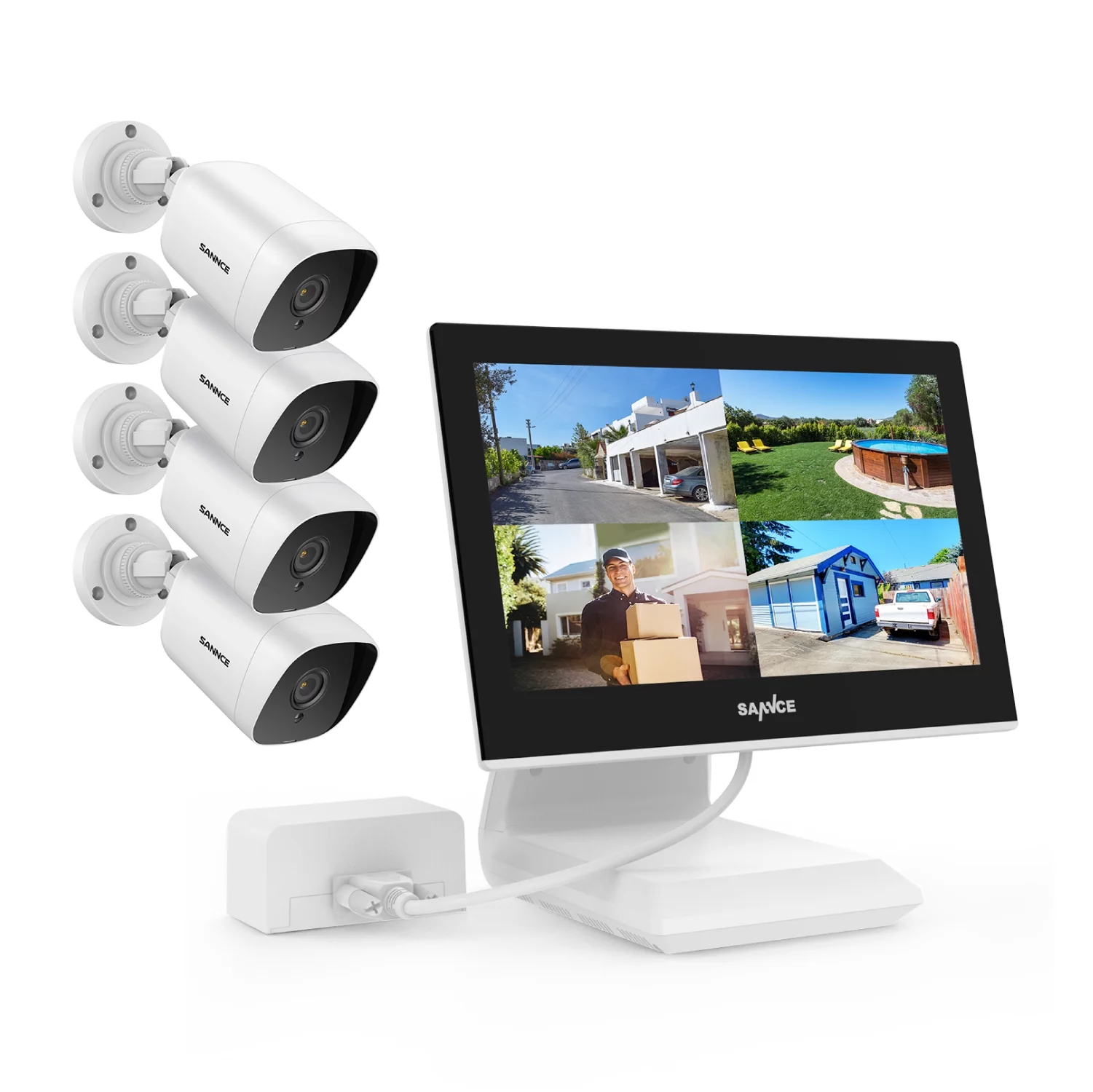 SANNCE 4 Channel 10"1 LCD Monitor DVR 4pcs 1080p Full HD Outdoor Indoor Home Security Camera System with Remote Access,Motion Detection
