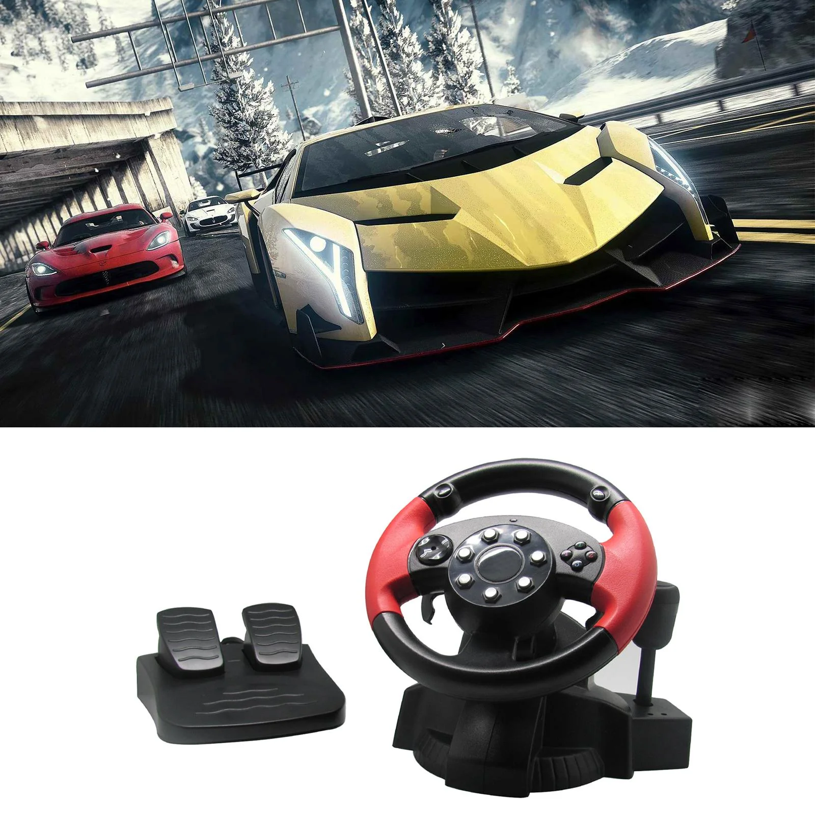 Wheel, Vibration 200 Degree Universal Usb Truck Race Steering Wheel with Pedals Set, 3, ()