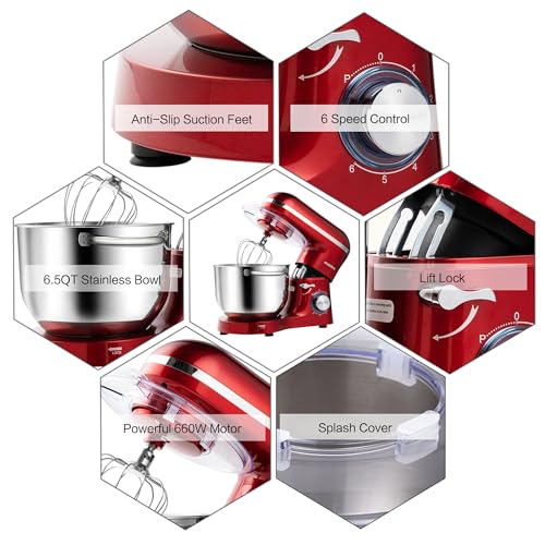 Aucma Stand Mixer,6.5-QT 660W 6-Speed Tilt-Head Food Mixer, Kitchen Electric Mixer with Dough Hook, Wire Whip & Beater (6.5QT, Black)