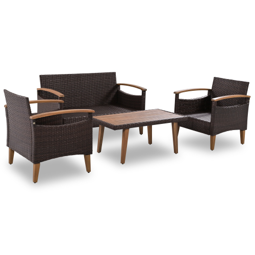 Churanty Patio Conversation Set, 4-Piece Outdoor Garden Furniture Set, Patio Seating Set, PE Rattan Outdoor Sofa Set, Wood Table and Legs