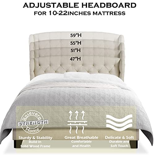 Rosevera Marcelle Bed Frame,Wingback Bed Frame with Signature Design Adjustable Headboard,Upholstered with Button Tufting Bed for Bedroom