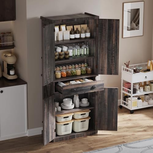 YITAHOME 72'' Tall Kitchen Pantry Cabinets, Farmhouse Storage Cabinets with Barn Doors, Drawer ＆ Adjustable Shelves