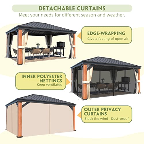 EROMMY 12'x20' Hardtop Gazebo Double Roof Galvanized Steel Canopy Outdoor Aluminum Frame Permanent Metal Pavilion with Netting and Curtains for Patio