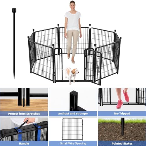 ADAVIN Tall Garden Fence with Gate, 48 in(H) 8 Panels Heavy Duty Iron Metal Animal Barrier Fence, Indoor Dog Playpen, Temporary Fencing