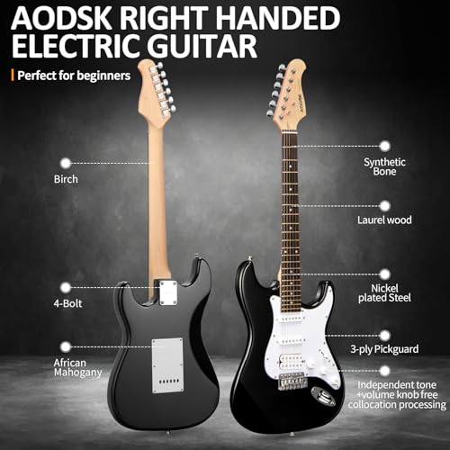 AODSK Electric Guitar with Amp Beginner Kit 39 Inch Solid Body Full Size,All Accessories,Digital Tuner,Six Strings,Four Picks,Tremolo Bar,Strap