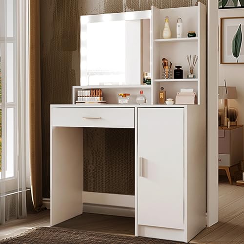 Vanity Desk with Mirror and Light, Large Drawer and Three Level Storage Dresser, 3 Lighting Modes Adjustable Brightness