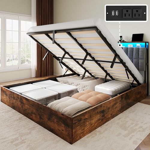 YITAHOME Queen Size Lift Up Bed with Charging Station & RGB LED Lights, PU Leather Upholstered Platform Storage Bookcase Headboard Bed