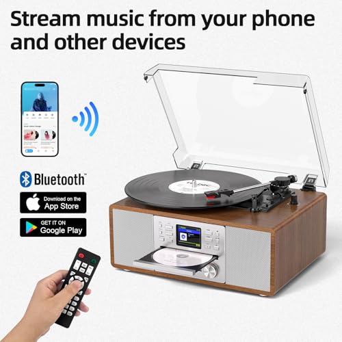 8-in-1 Retro Bluetooth Record Player with Built-in Stereo Speakers | Wireless 3-Speed Turntable for Vinyl, CD, MP3, USB/SD